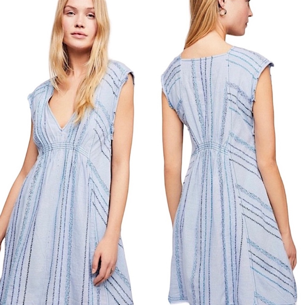 Free People Light Blue Cactus Flower Striped Boho Frayed Vneck Mini Dress Sz XS